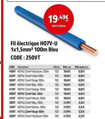 Fil électrique HO7V-U 1x1,5mm² 100m Bleu