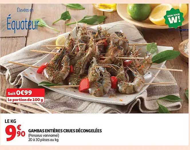 Gambas entières crues décongelées