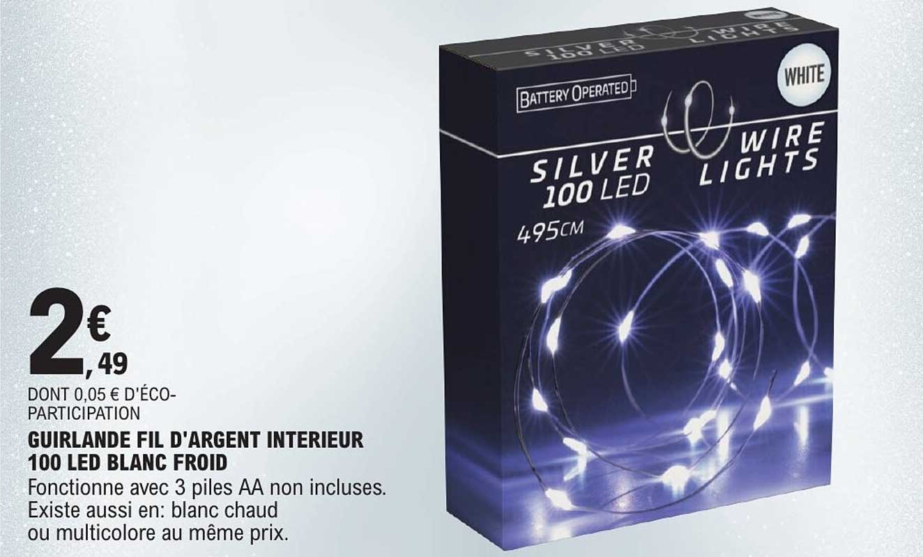 GUIRLANDE FIL D'ARGENT INTERIEUR 100 LED BLANC FROID