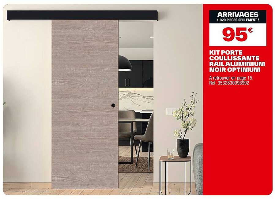 KIT PORTE COULISSANTE RAIL ALUMINIUM NOIR OPTIMUM