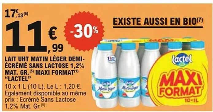 LAIT UHT MATIN LÉGER DEMI-ÉCRÉMÉ SANS LACTOSE 1,2% MAT. GR.® MAXI FORMAT "LACTEL"