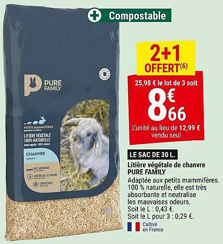Litière végétale de chanvre PURE FAMILY - 2+1 OFFERT