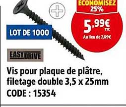 Lot de 1000 Vis pour plaque de plâtre, filetage double 3,5 x 25mm