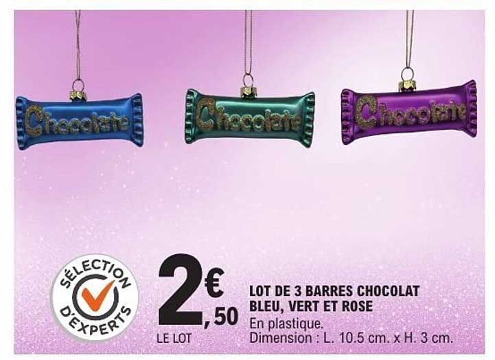 LOT DE 3 BARRES CHOCOLAT BLEU, VERT ET ROSE