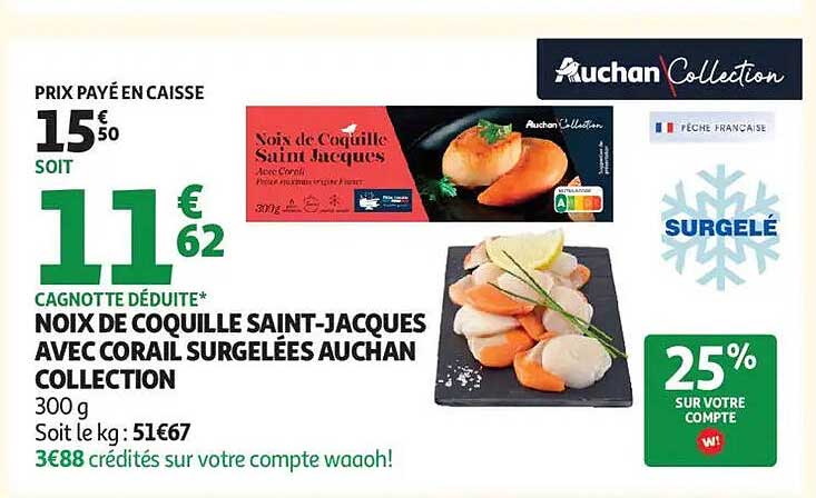 Noix de Coquille Saint-Jacques avec Corail Surgelées Auchan Collection