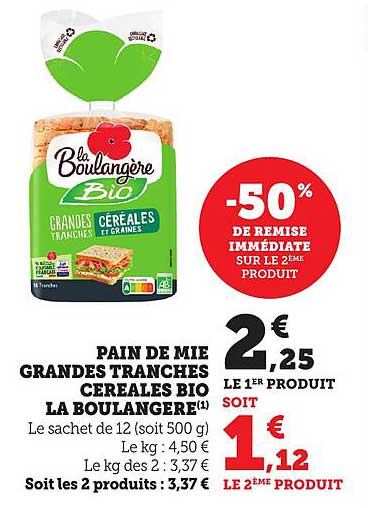 PAIN DE MIE GRANDES TRANCHES CÉRÉALES BIO LA BOULANGÈRE