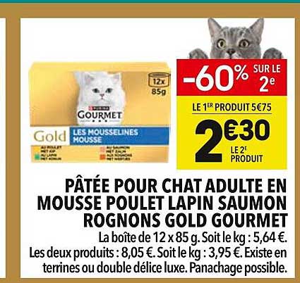 Pâtée pour chat adulte en mousse poulet lapin saumon rognons Gold Gourmet