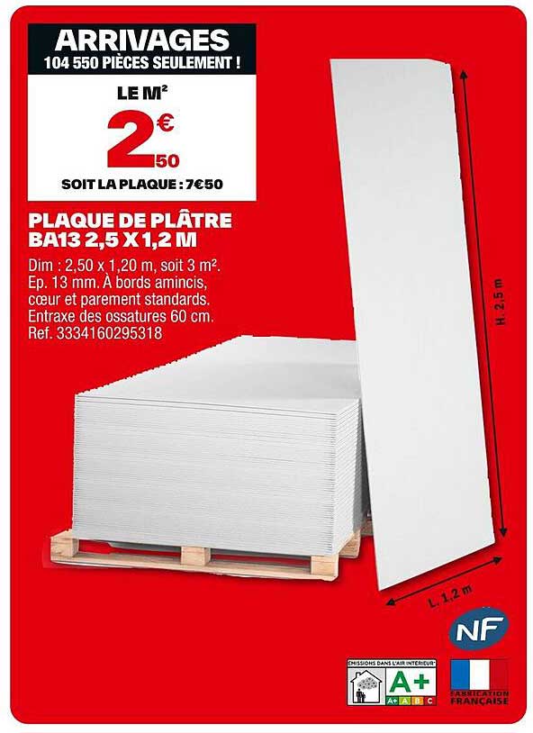 PLAQUE DE PLÂTRE BA13 2,5 X 1,2 M