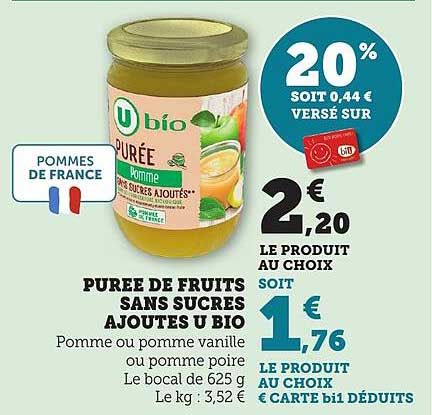 PURÉE DE FRUITS SANS SUCRES AJOUTÉS U BIO