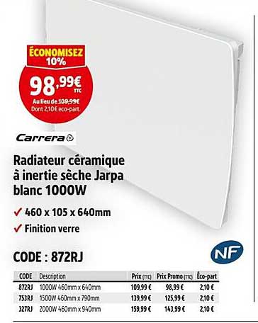 Radiateur céramique à inertia sèche Jarpa blanc 1000W