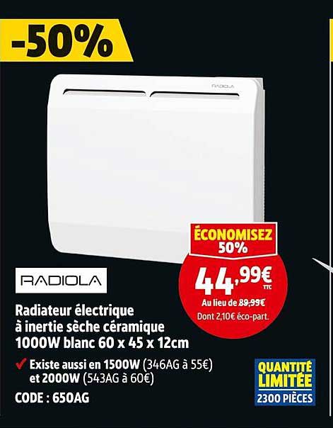 Radiateur électrique à inertia sèche céramique 1000W blanc 60 x 45 x 12cm