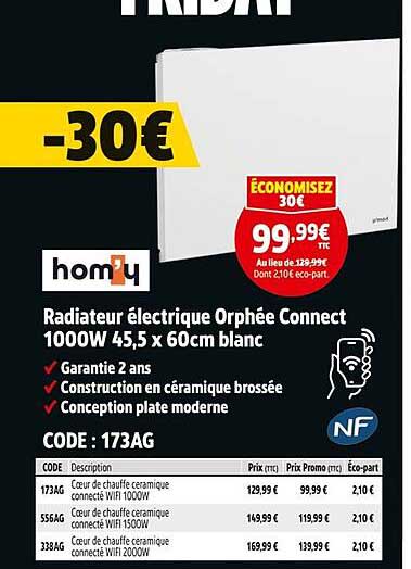 Radiateur électrique Orphée Connect 1000W 45,5 x 60cm blanc