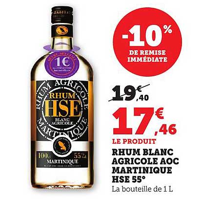 Rhum Blanc Agricole AOC Martinique HSE 55°
