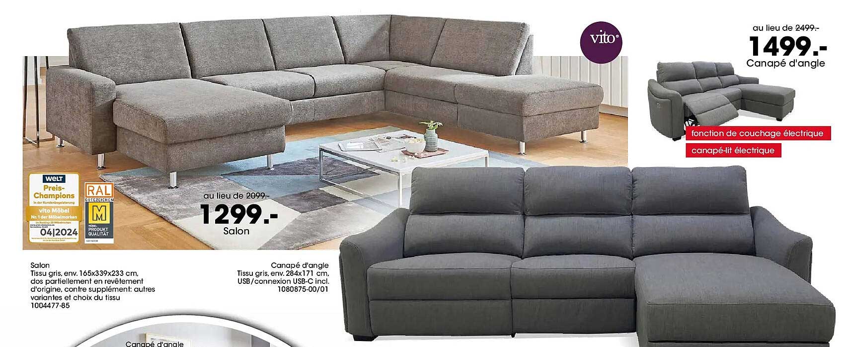 Salon canapé d'angle au lieu de 2499€ à 1499€