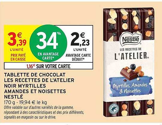 TABLETTE DE CHOCOLAT LES RECETTES DE L'ATELIER NOIR MYRTILLES AMANDES ET NOISETTES NESTLÉ