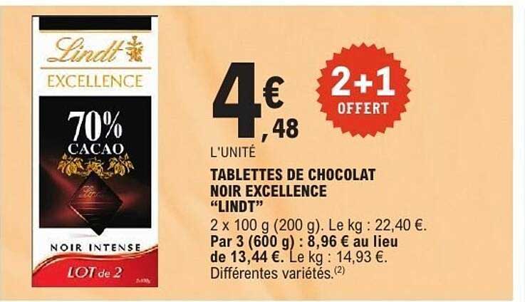 TABLETTES DE CHOCOLAT NOIR EXCELLENCE "LINDT"