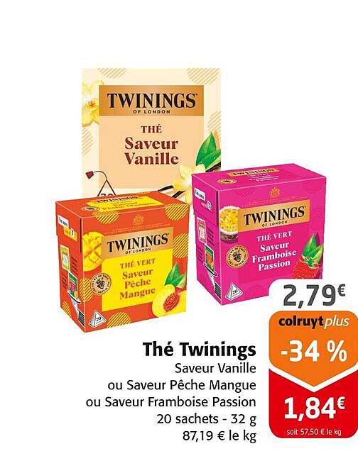 Thé Twinings Saveur Vanille ou Saveur Pêche Mangue ou Saveur Framboise Passion