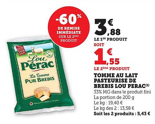 TOMME AU LAIT PASTEURISE DE BREBIS LOU PERAC