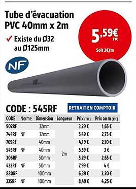 Tube d'évacuation PVC 40mm x 2m