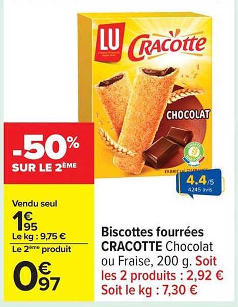 Biscottes fourrées CRACOTTE Chocolat ou Fraise, 200 g. Soit les 2 produits : 2,92 €