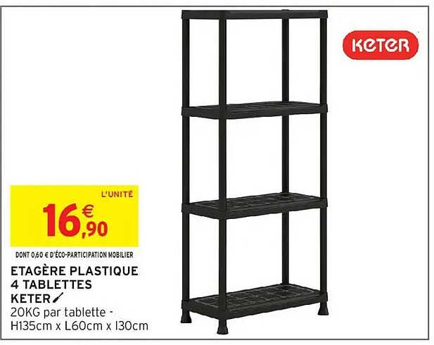 ITOOLS Étagère 4 Tablettes Polypropylène Noir – Charge Max 120 Kg – Montage Sans Outils – Intérieur/Extérieur L61xP31xH131 Cm