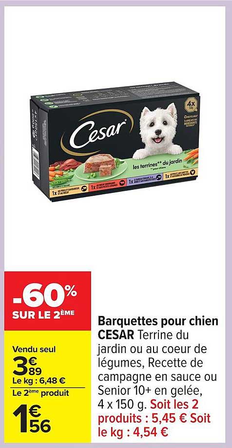 Barquettes pour chien CESAR Terrine du jardin ou au coeur de légumes, Recette de campagne en sauce ou Senior 10+ en gelée, 4 x 150 g.