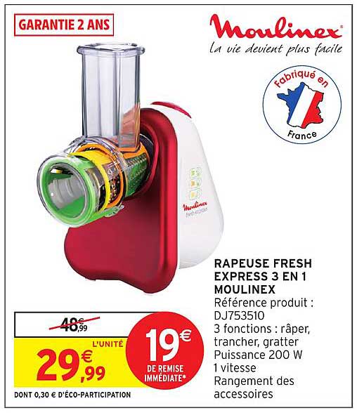 Découpe légumes électrique Moulinex Fresh Express, 3 en 1, 200W, Râper, Emincer, Gratter