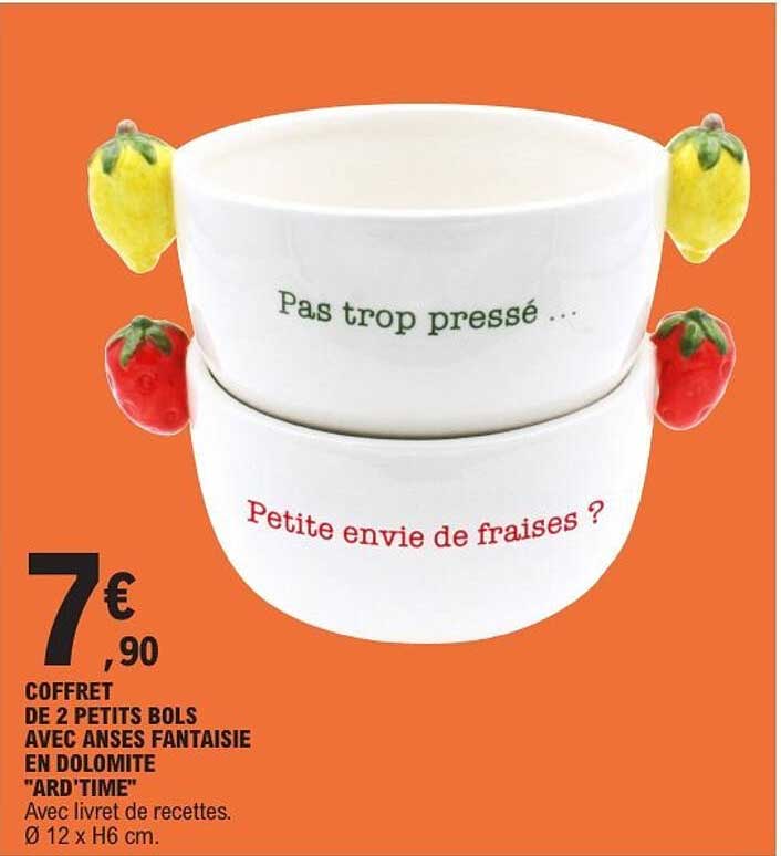 COFFRET DE 2 PETITS BOLS AVEC ANSES FANTAISIE EN DOLOMITE "ARD'TIME"