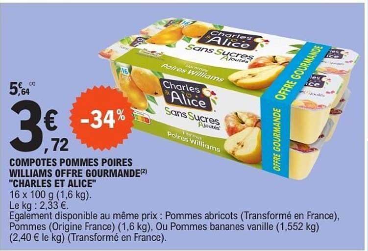 COMPOTES POMMES POIRES WILLIAMS OFFRE GOURMANDE "CHARLES ET ALICE"