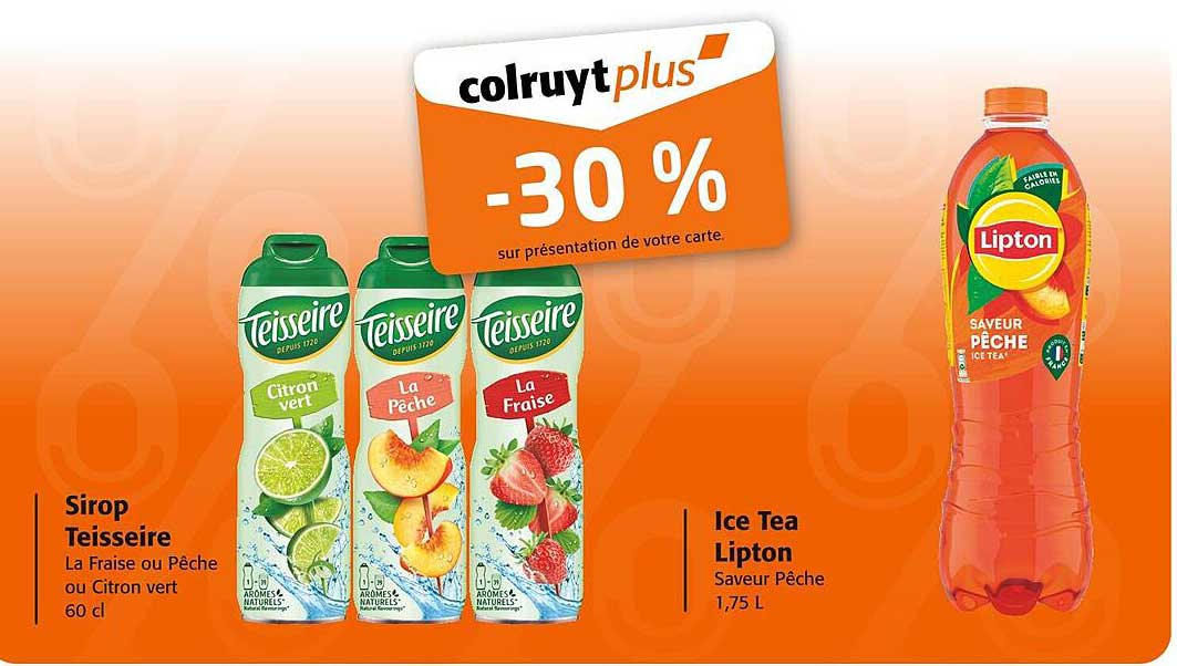 Sirop Teisseire La Fraise ou Pêche ou Citron vert 60 cl - Ice Tea Lipton Saveur Pêche 1,75 L