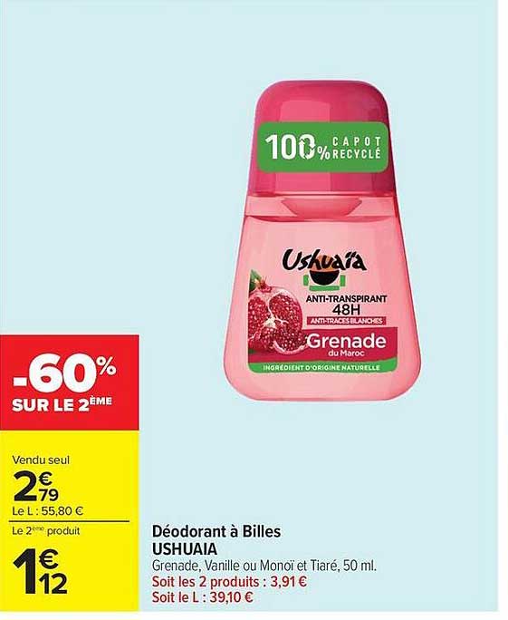 Déo­doran­t à Billes USHUAIA Grenade, Vanille ou Monoï et Tiaré, 50 ml.