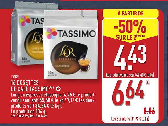 L'OR 16 DOSETTES DE CAFÉ TASSIMO** Long ou espresso classique