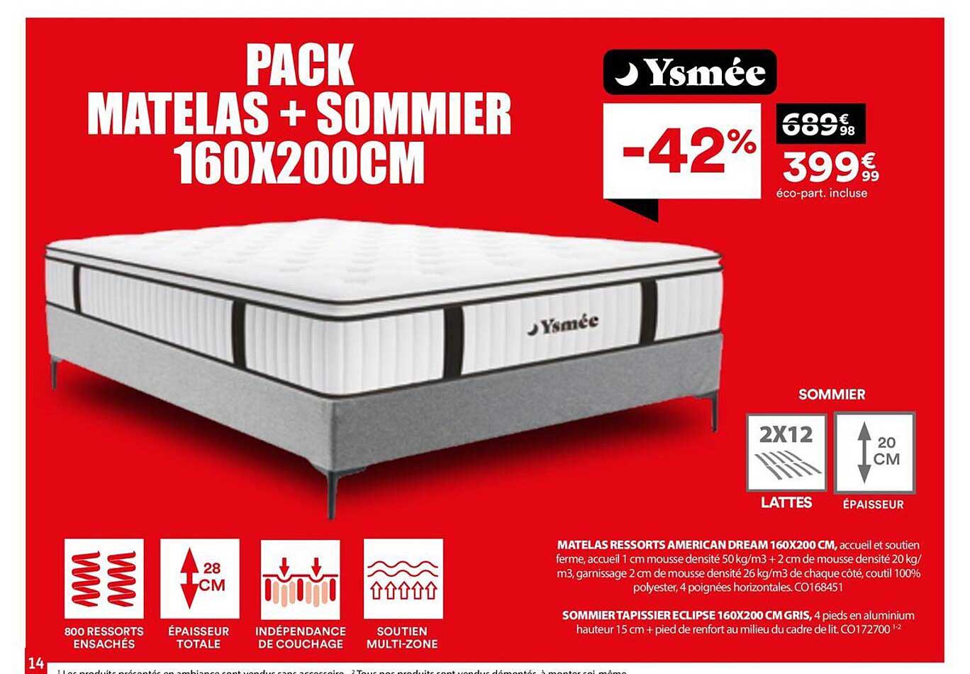PACK MATELAS + SOMMIER 160X200CM