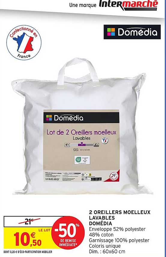 2 Oreillers moelleux Lavables DOMÉDIA