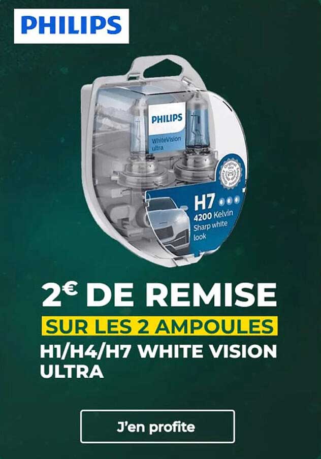 2€ DE REMISE SUR LES 2 AMPOULES H1/H4/H7 WHITE VISION ULTRA