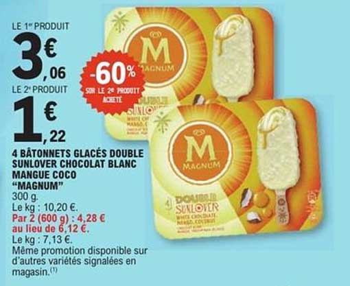 4 BÂTONNETS GLACÉS DOUBLE SUNLOVER CHOCOLAT BLANC MANGUE COCO MAGNUM