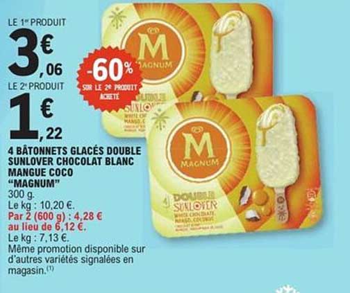 4 BÂTONNETS GLACÉS DOUBLE SUNLOVER CHOCOLAT BLANC MANGUE COCO "MAGNUM"