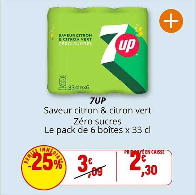 7UP Saveur citron & citron vert Zéro sucres Le pack de 6 boîtes x 33 cl