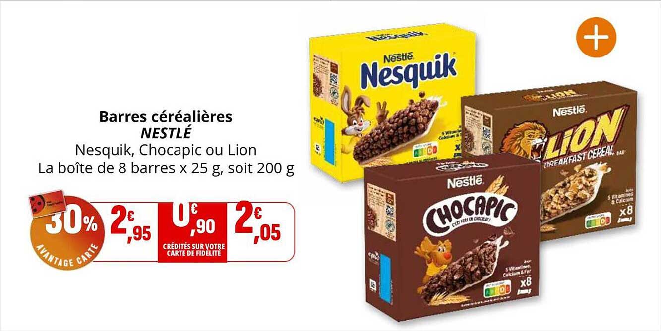 Barres céréalières NESTLÉ - Nesquik, Chocapic ou Lion