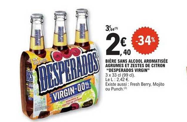 BIÈRE SANS ALCOOL AROMATISÉE AGRUMES ET ZESTES DE CITRON “DESPERADOS VIRGIN”