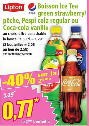 Boisson Ice Tea green strawberry/pêche, Pespi cola regular ou Coca-cola vanille