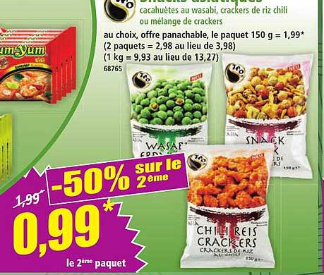 Cacahuètes au wasabi, crackers de riz chili ou mélange de crackers