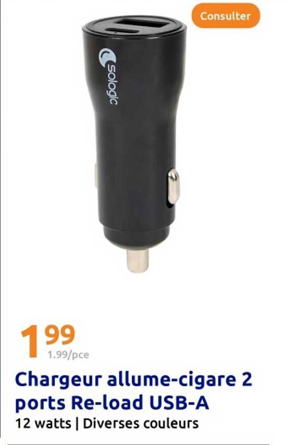 Chargeur allume-cigare 2 ports Re-load USB-A
