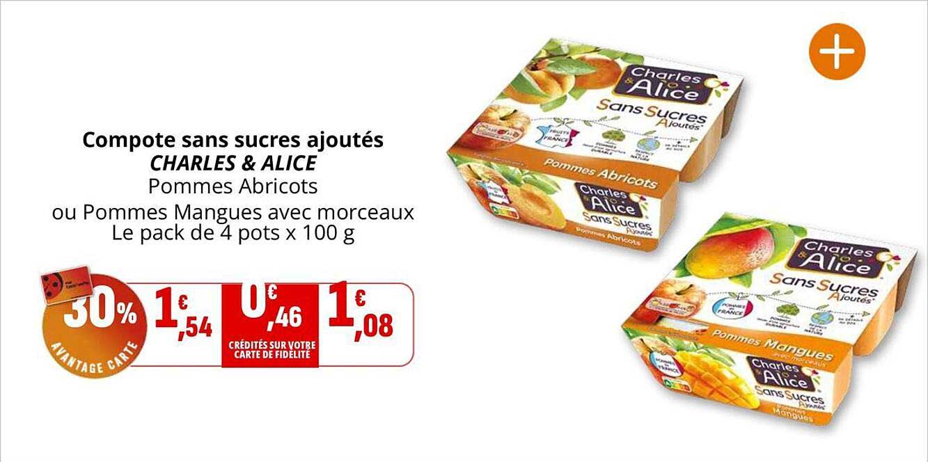 Compote sans sucres ajoutés CHARLES & ALICE Pommes Abricots ou Pommes Mangues
