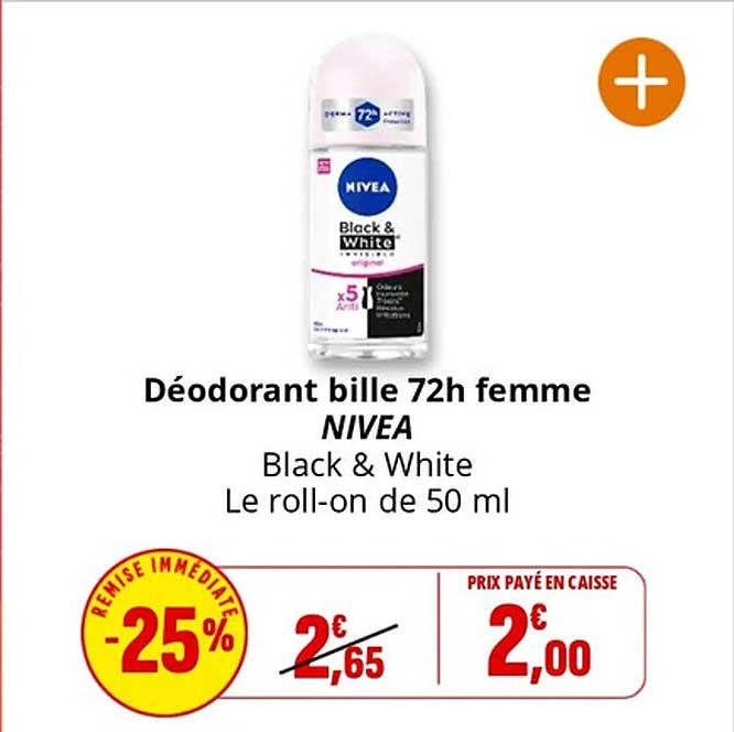 Déodorant bille 72h femme NIVEA Black & White Le roll-on de 50 ml
