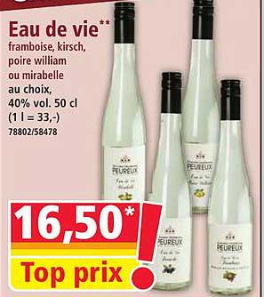 Eau de vie** framboise, kirsch, poire william ou mirabelle au choix, 40% vol. 50 cl