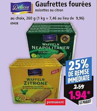 Gaufrettes fourrées noisettes ou citron