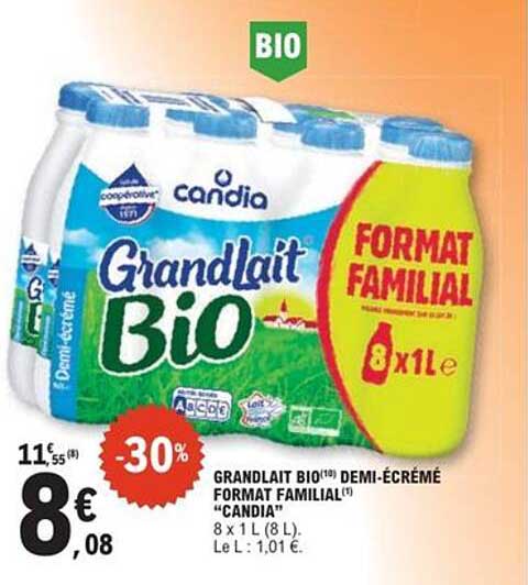 GRANDLAIT BIO(10) DEMI-ÉCRÉMÉ FORMAT FAMILIAL(1) "CANDIA"