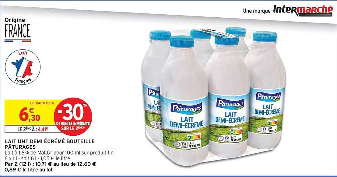 LAIT UHT DEMI ÉCRÉMÉ BOUTEILLE PÂTURAGES