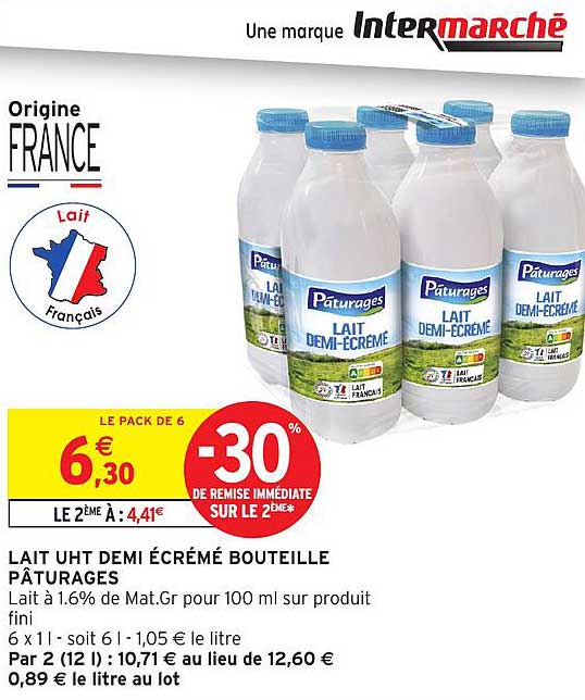 LAIT UHT DEMI ÉCRÉMÉ BOUTEILLE PÂTURAGES